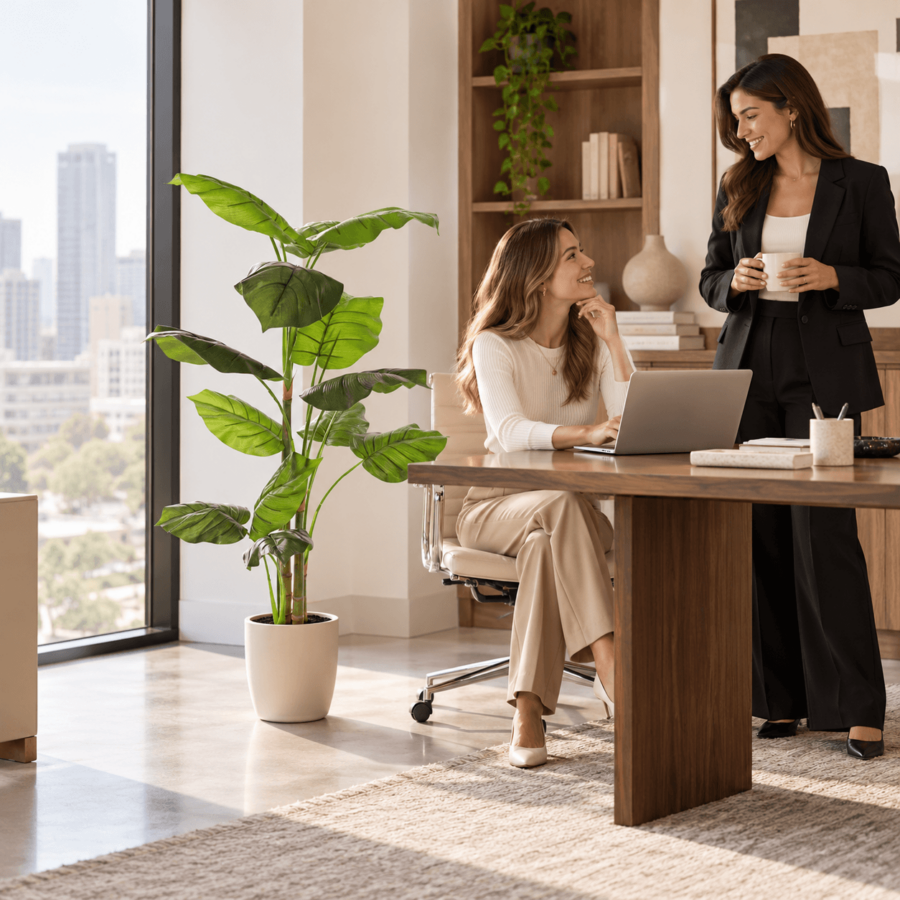 Oficina luminosa con planta tropical