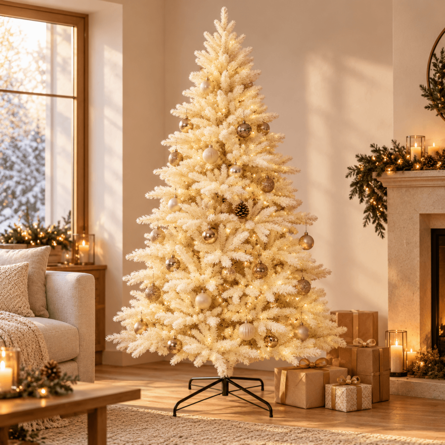 Salón navideño acogedor con árbol perla