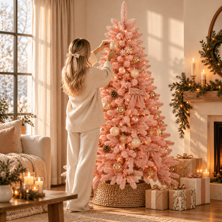 Salón navideño acogedor con árbol rosa