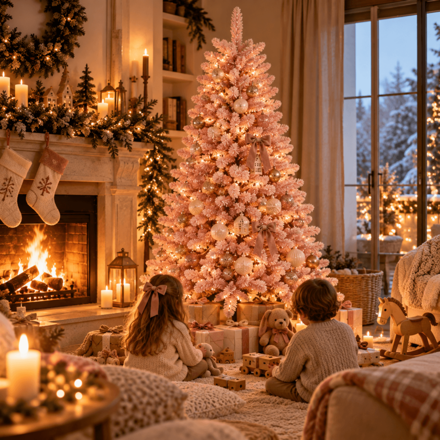 Salón navideño acogedor con árbol rosa