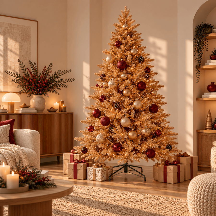Salón navideño con árbol oro